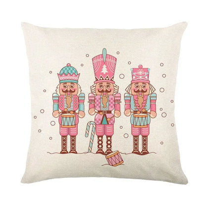 Off-white linen pillow cover featuring pink and teal nutcracker illustration for decorbites christmas santa collection