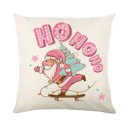 Beige linen pillow cover featuring playful pink santa claus riding skateboard with christmas tree decorbites christmas santa