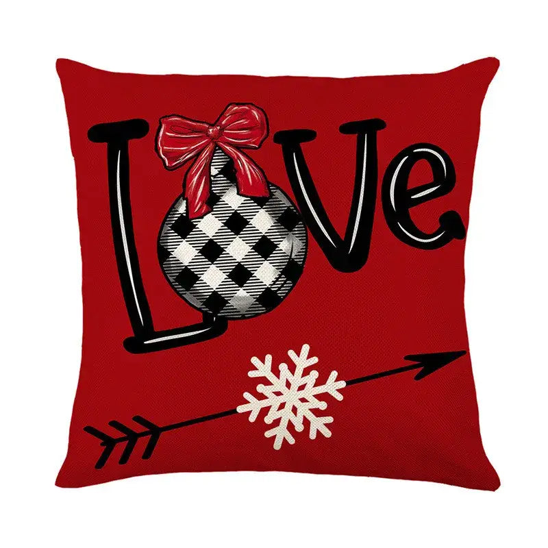 Red throw pillow cover with black and white checkered ornament and love text from decorbites christmas santa collection