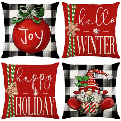 Set of four decorbites christmas santa claus pillow covers in red and black plaid linen with festive holiday designs