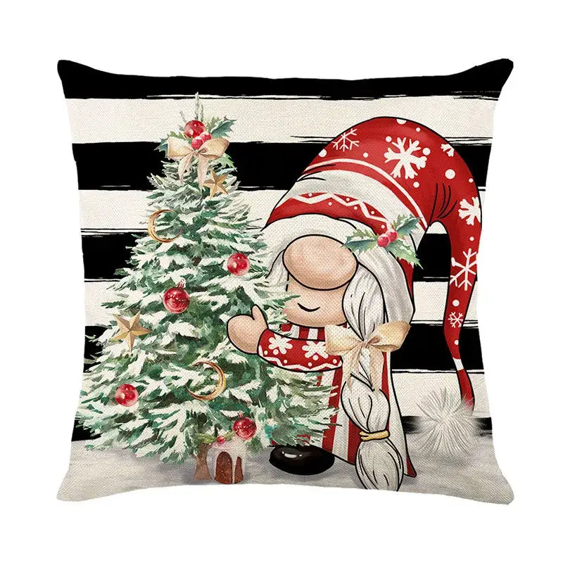 Red and white snowflake-patterned santa claus pillow cover by decorbites christmas santa on black and white striped cushion