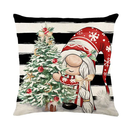 Red and white snowflake-patterned santa claus pillow cover by decorbites christmas santa on black and white striped cushion
