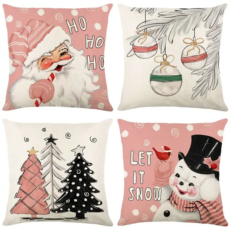 Set of four decorbites christmas santa linen pillow covers with vintage santa claus illustrations on soft pink and cream background
