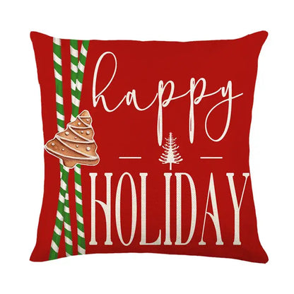 Decorbites christmas santa linen pillow cover red with happy holiday text candy canes and gingerbread tree design