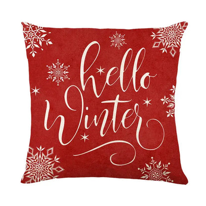 Decorbites christmas santa claus red linen pillow cover with hello winter script and snowflake patterns for sofa use