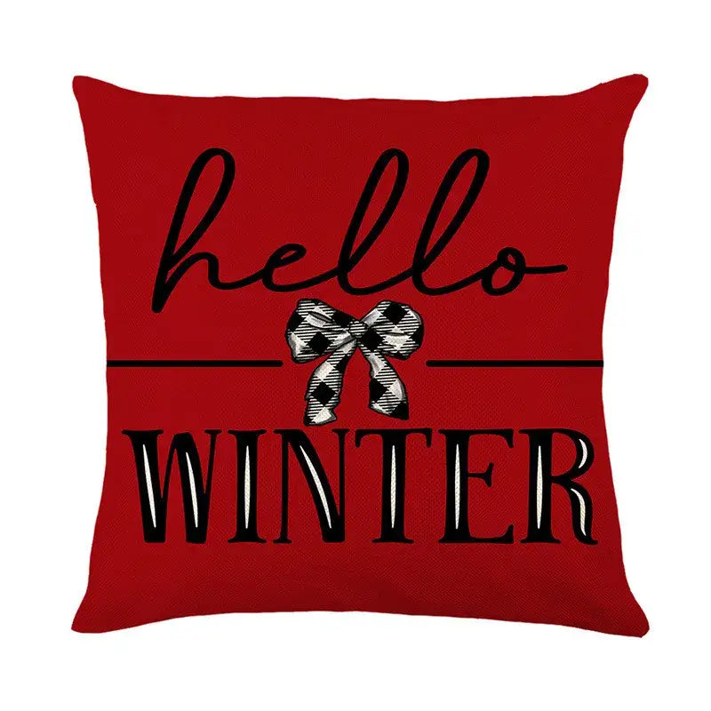 Decorbites christmas santa claus red linen pillow cover with hello and winter text and plaid bow accents