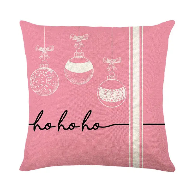 Pink decorbites christmas santa claus linen pillow cover with white christmas ornaments and ho ho ho text for sofa cushion