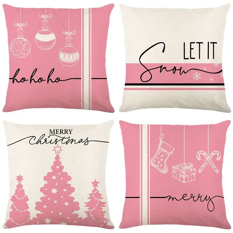 Set of four decorbites christmas santa claus pink and cream linen pillow covers with holiday designs for living room decor