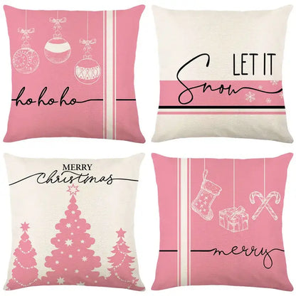 Set of four decorbites christmas santa claus pink and cream linen pillow covers with holiday designs for living room decor