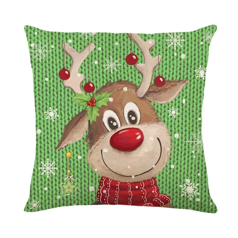 Decorbites christmas santa claus pillow cover featuring green knitted pattern and cartoon reindeer for living room decor
