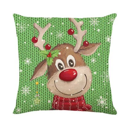 Decorbites christmas santa claus pillow cover featuring green knitted pattern and cartoon reindeer for living room decor