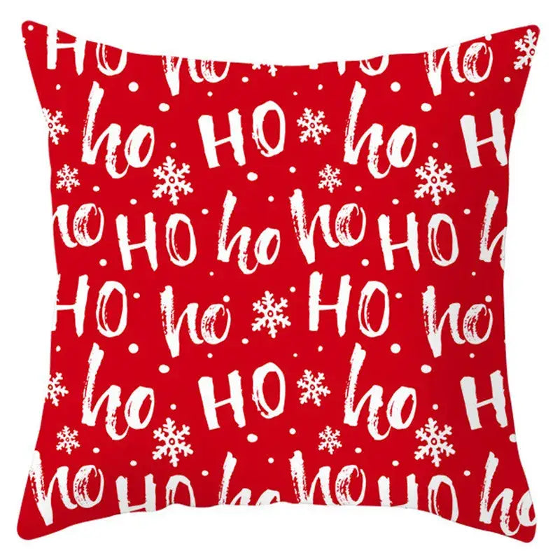 Red holiday pillow cover with white ho ho text and snowflake patterns decorbites christmas santa claus design