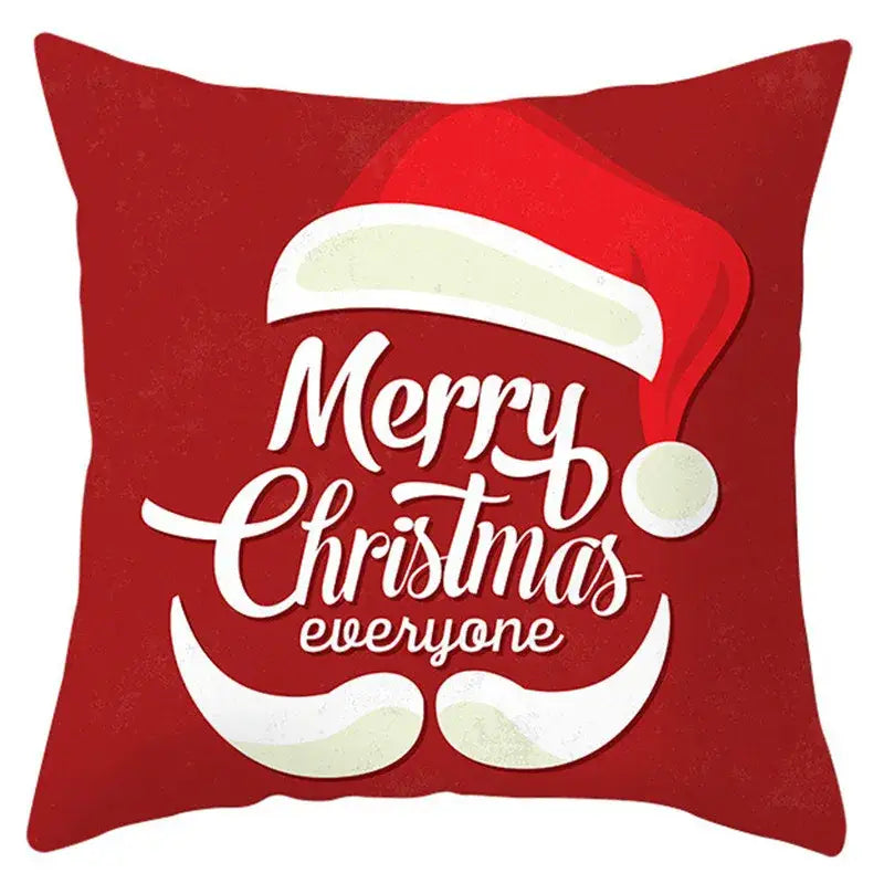 Red holiday pillow cover featuring white santa claus hat mustache and merry christmas everyone text by decorbites christmas santa