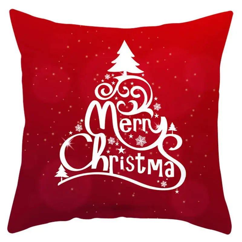 Red square pillow cover with white merry christmas tree design and snowflakes decorbites christmas santa decor