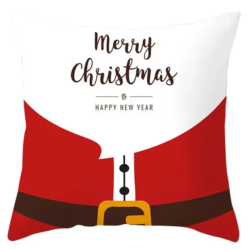 White throw pillow cover featuring decorbites christmas santa claus suit design with brown belt and festive script text
