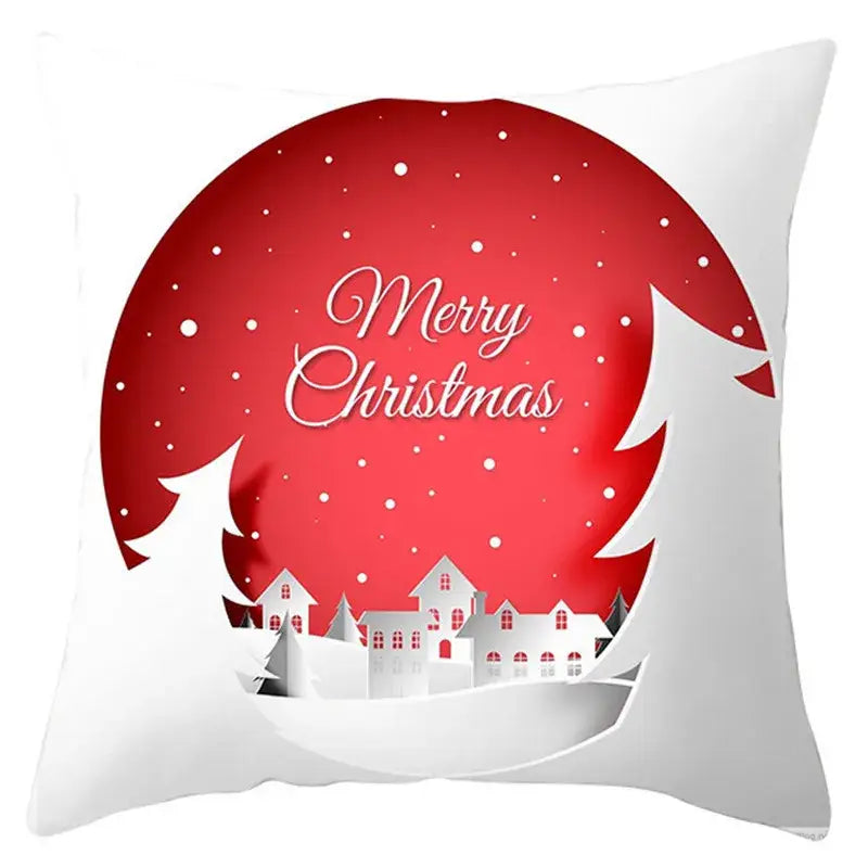 White throw pillow cover by decorbites christmas santa featuring festive red design with santa claus snowflakes and paper-cut trees