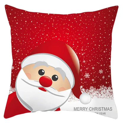 Red and white decorbites christmas santa pillow cover featuring cartoon santa claus snowflakes and merry christmas text