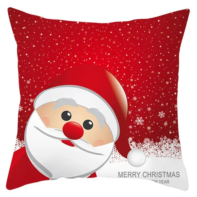 Red and white decorbites christmas santa pillow cover featuring cartoon santa claus snowflakes and merry christmas text