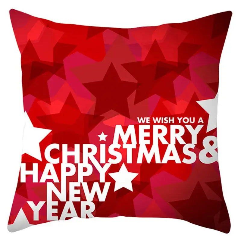 Red geometric star-patterned pillow cover with merry christmas and happy new year text by decorbites christmas santa