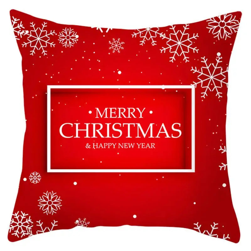 Red holiday pillow cover with white snowflakes and merry christmas message by DecorBites Christmas Santa Claus