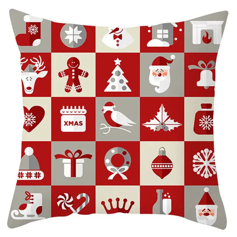 Red and gray holiday pillow cover with white Santa Claus and snowflake icons on checkered pattern by DecorBites Christmas Santa