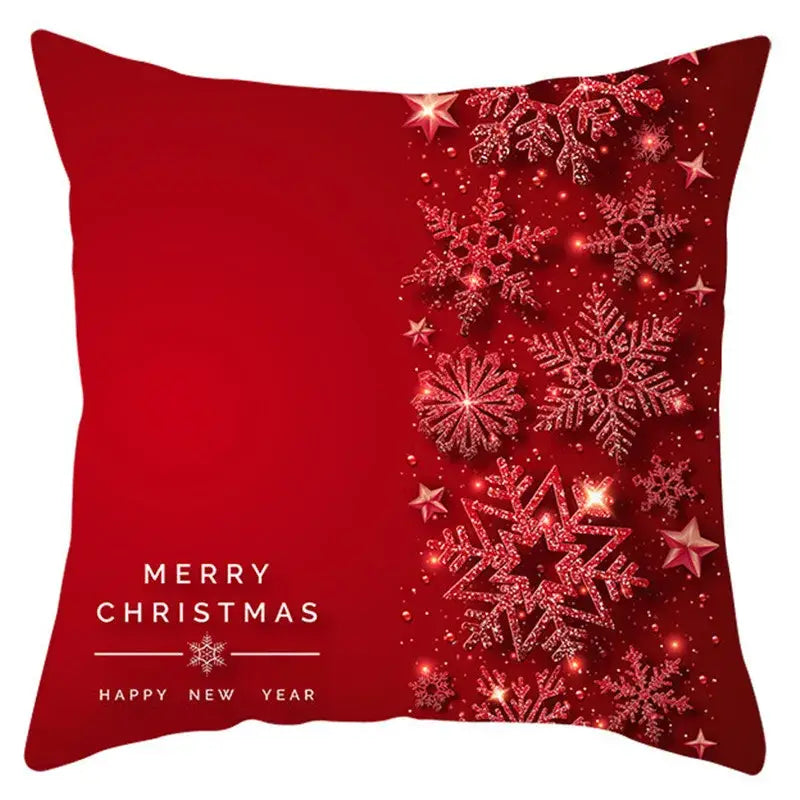 Red christmas-themed pillow cover with glittery snowflakes stars and merry christmas happy new year text by decorbites christmas santa