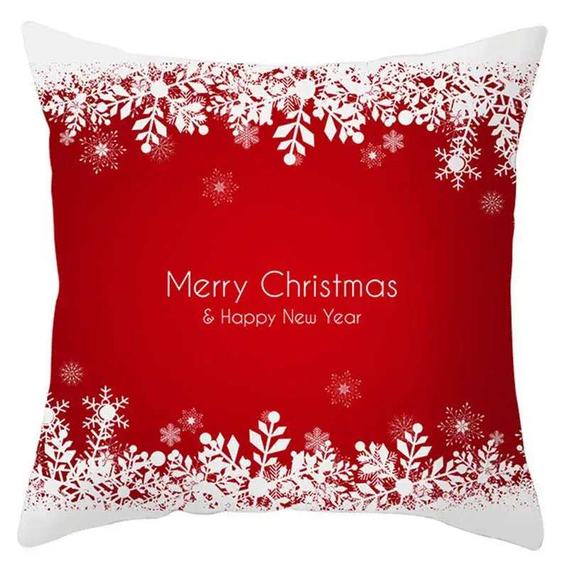 Red square pillow cover with white snowflake and santa claus merry christmas and happy new year text by decorbites christmas santa
