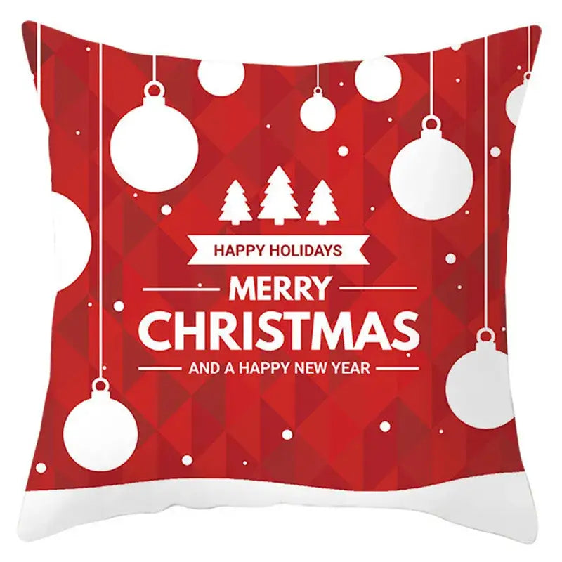 Decorbites christmas santa claus pillow cover red and white with festive ornaments trees and merry christmas text