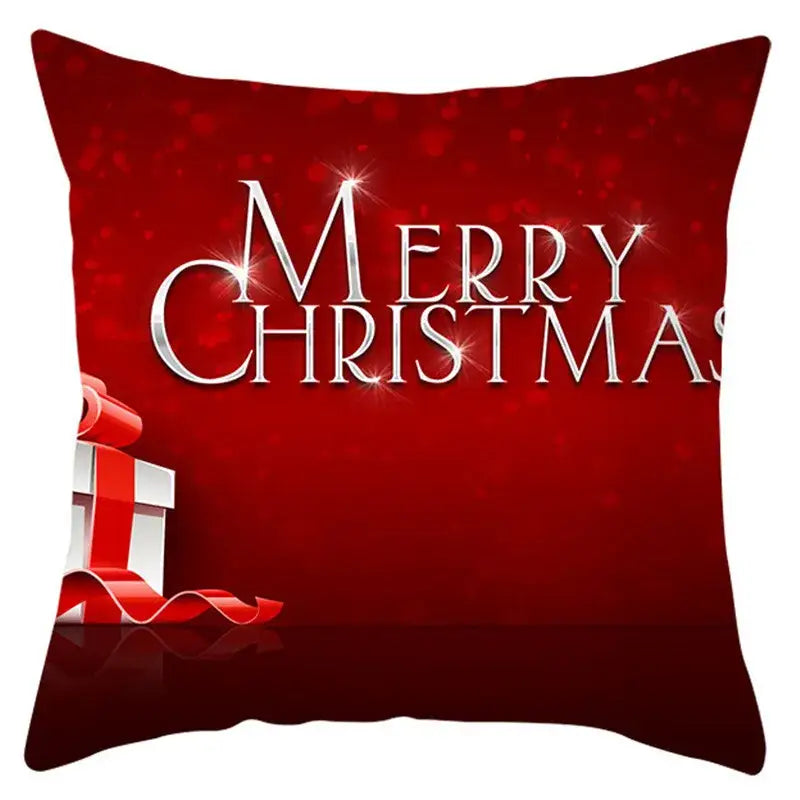 Red holiday pillow cover from decorbites christmas santa featuring merry christmas silver lettering and gift design