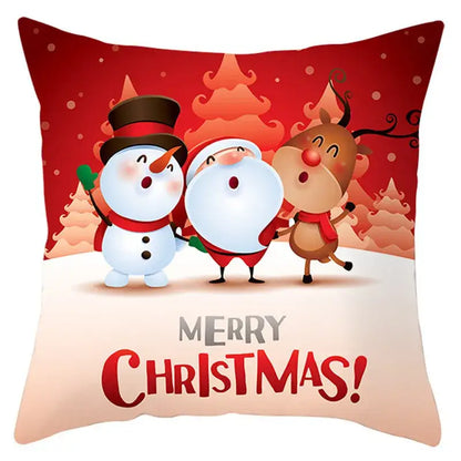 Red and white decorbites christmas santa pillow cover featuring santa claus snowman reindeer and merry christmas text