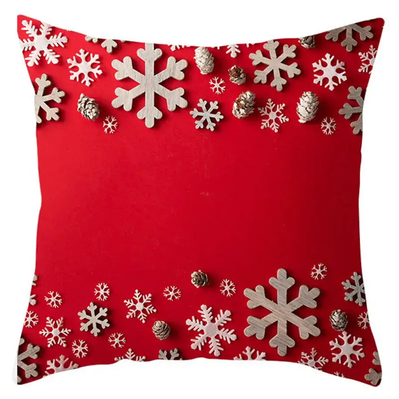 Red decorbites christmas santa claus pillow cover 18x18inch with white wooden snowflakes and pinecones design