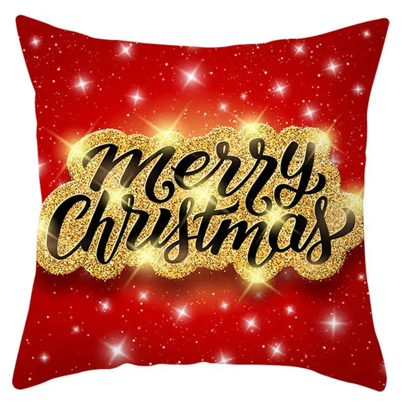 Red holiday pillow cover with merry christmas in black cursive and gold glitter from decorbites christmas santa collection