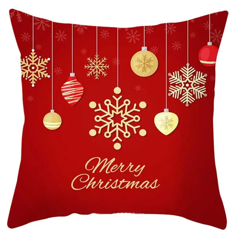 Red decorbites christmas santa claus pillow cover with gold snowflakes ornaments and merry christmas script
