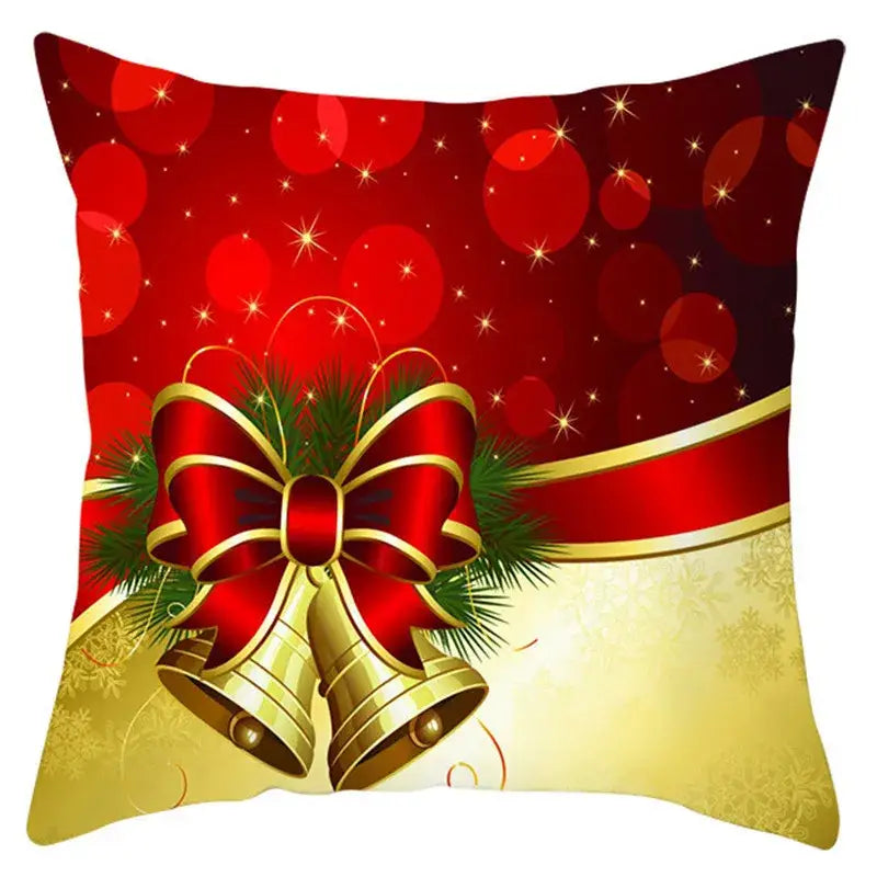 Red and gold pillow cover with bells bow and pine design for decorbites christmas santa claus pillow cover 18x18inch
