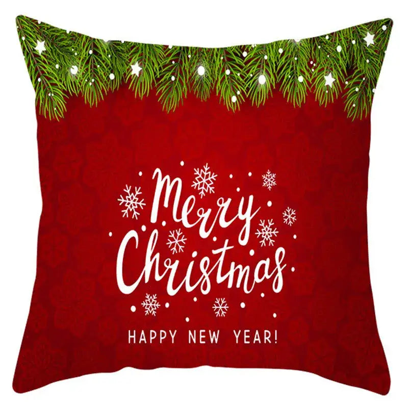 Red holiday throw pillow cover with green pine trim white merry christmas script snowflakes decorbites christmas santa