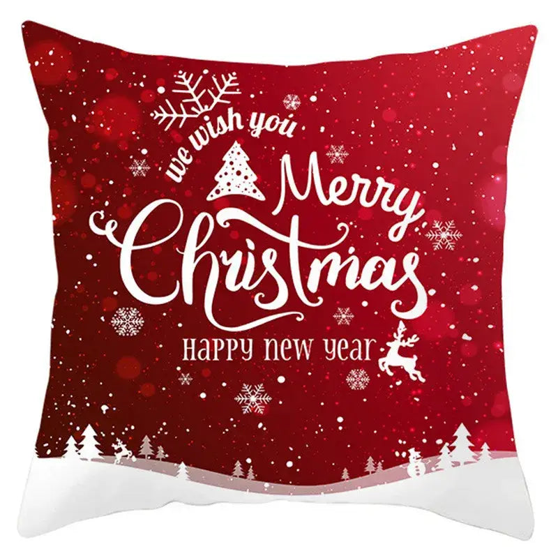 Red christmas-themed decorbites christmas santa pillow cover featuring santa claus snowflakes and festive text