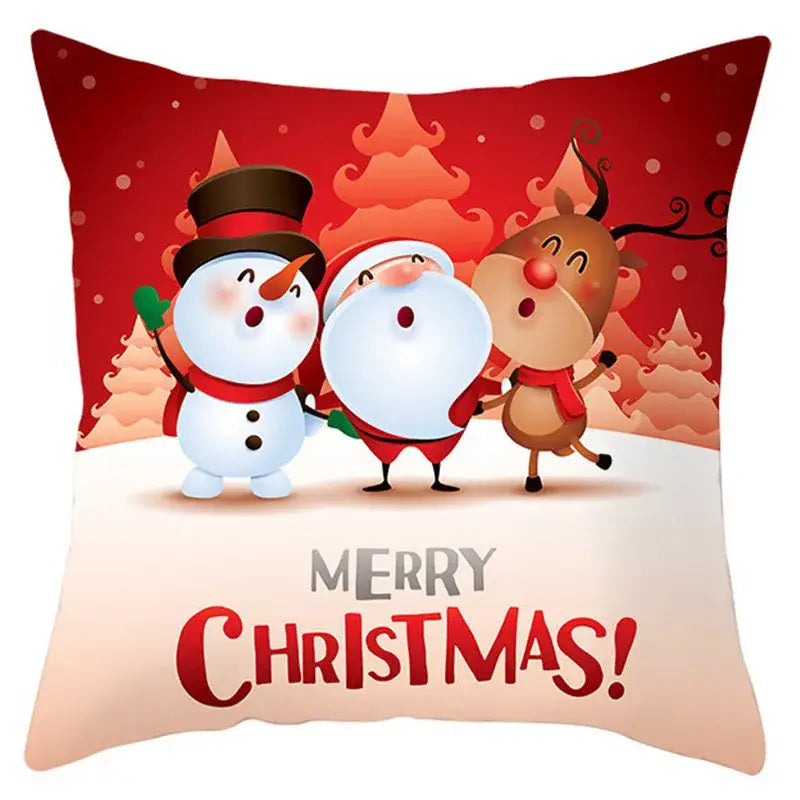 Red and white christmas-themed pillow cover with santa claus snowman reindeer and merry christmas print by decorbites christmas santa