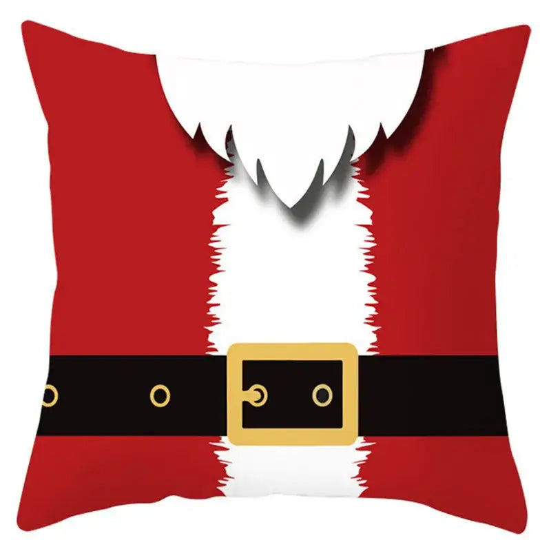 Decorbites christmas santa claus pillow cover in red and white with black belt and gold buckle 18x18 inch