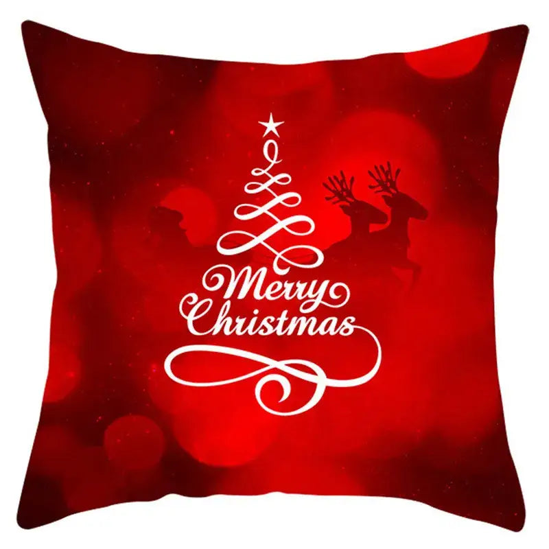 Red christmas-themed pillow cover with white merry christmas design and santa claus reindeer decorbites christmas santa