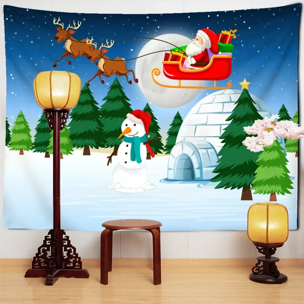 Decorbites™ christmas santa claus tapestry featuring santa in red sleigh with reindeer snowman and pine trees on blanket