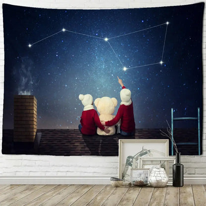 DecorBites™ santa claus tapestry featuring children in red sweaters pointing at orion on a starry night rooftop