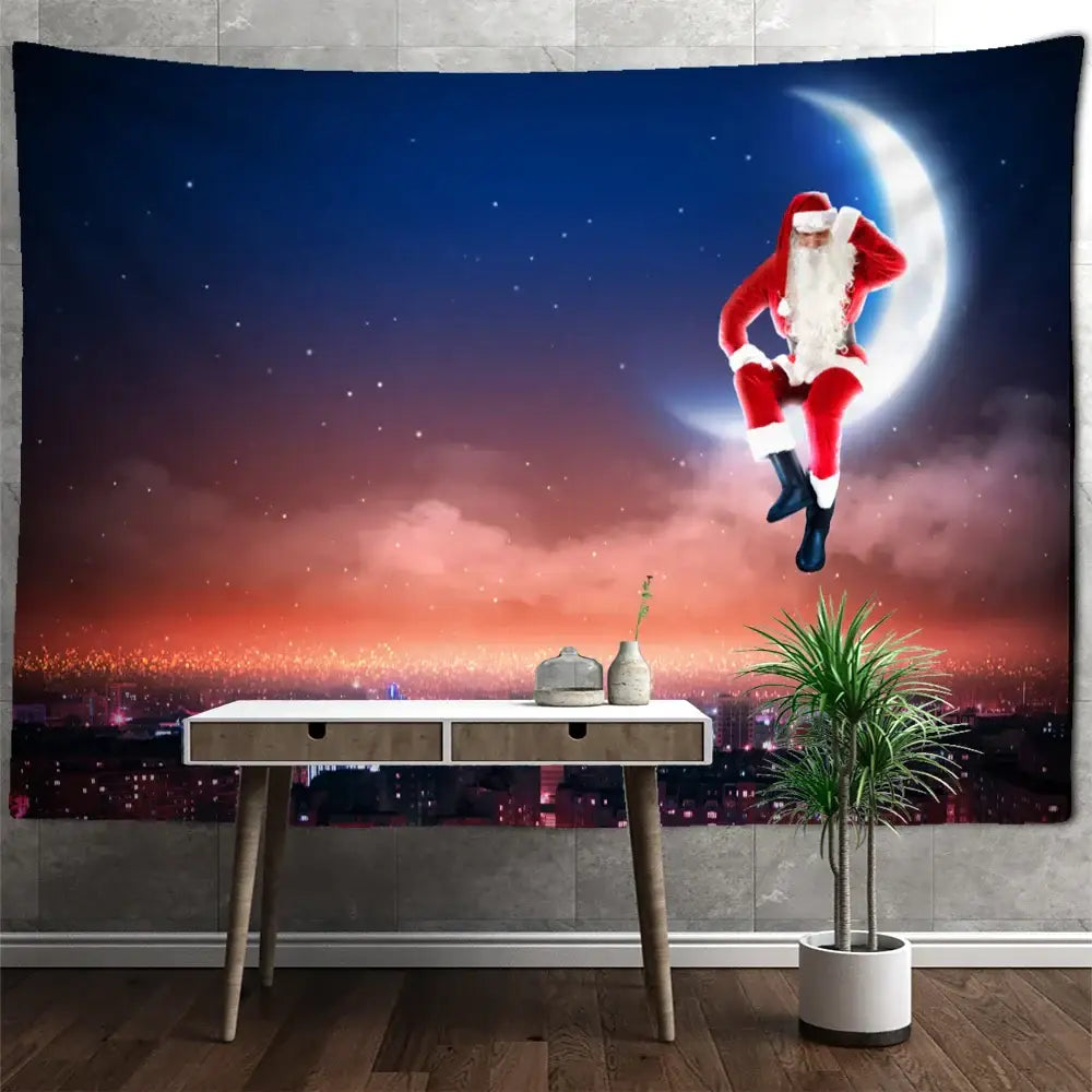 Decorbites™ christmas santa claus tapestry featuring a festive red and white claus tapestry with moon and cityscape backdrop