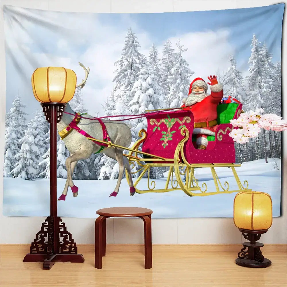 Festive red and gold santa claus tapestry featuring santa waving in sleigh pulled by white reindeer on snowy forest backdrop