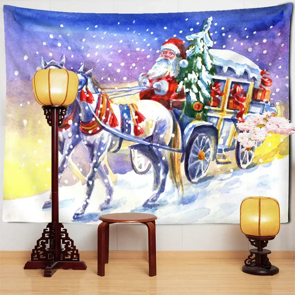 DecorBites™ christmas santa claus tapestry with watercolor santa in sleigh pulled by white horses in snowy landscape