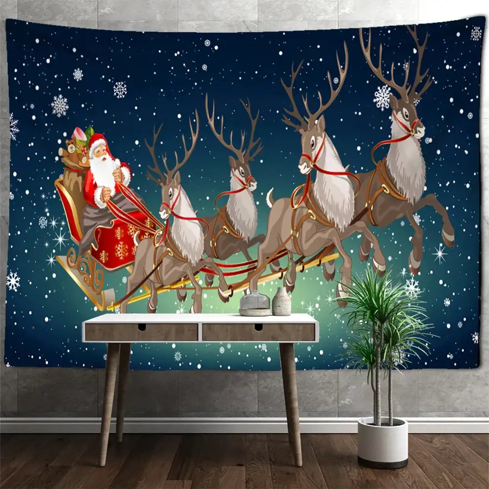 DecorBites™ christmas santa claus tapestry features santa in red sleigh with four reindeer on starry snowy night wall hanging