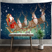 DecorBites™ christmas santa claus tapestry features santa in red sleigh with four reindeer on starry snowy night wall hanging