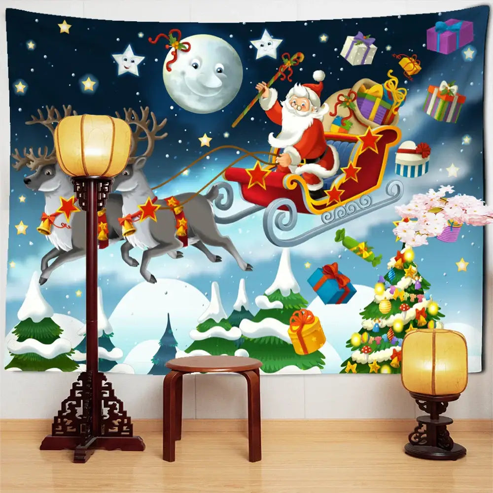 DecorBites™ christmas santa claus tapestry with red sleigh and reindeer against starry sky for holiday wall decor