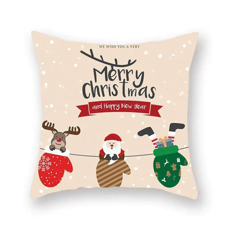Beige decorbites christmas santa elk pillowcase 45x45cm featuring festive reindeer santa claus and mittens illustrations