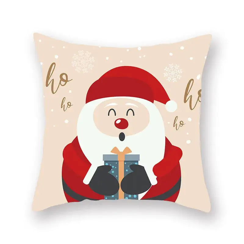 Beige DecorBites Christmas Santa elk pillowcase 45x45cm with cheerful Santa claus holding gift and snowflake patterns