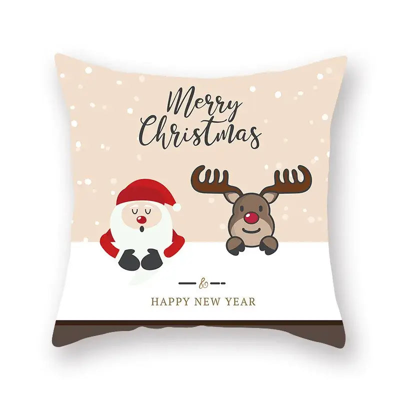 Beige and white decorbites christmas santa elk pillowcase featuring cartoon santa and reindeer for sofa decor